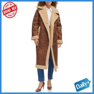 Long Faux Shearling Coat with Sherpa Lining, Double Breasted Button Closure